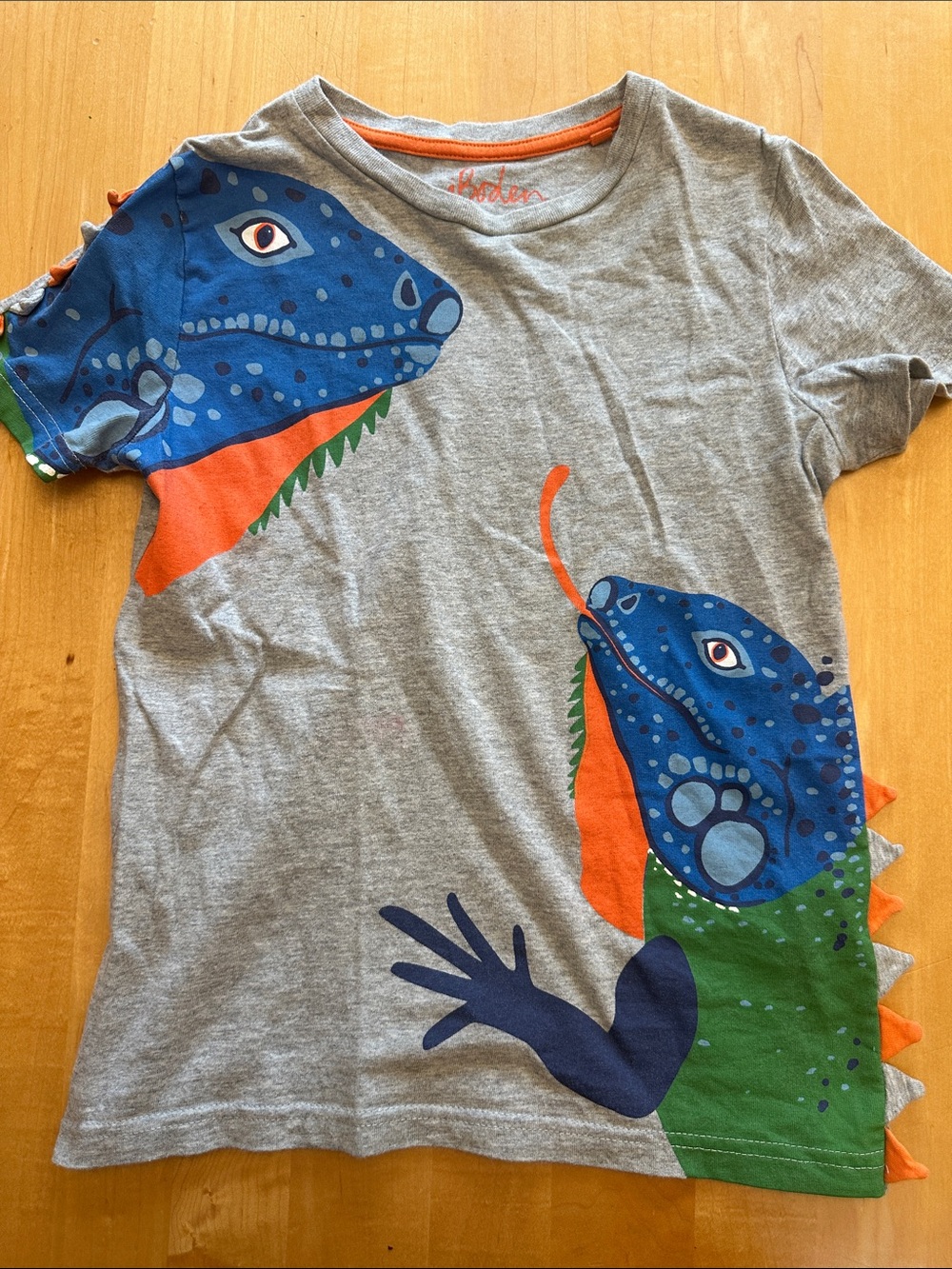 Mini Boden - Kids Gray Dino Graphic Tee with Blue & Green Lizard Details